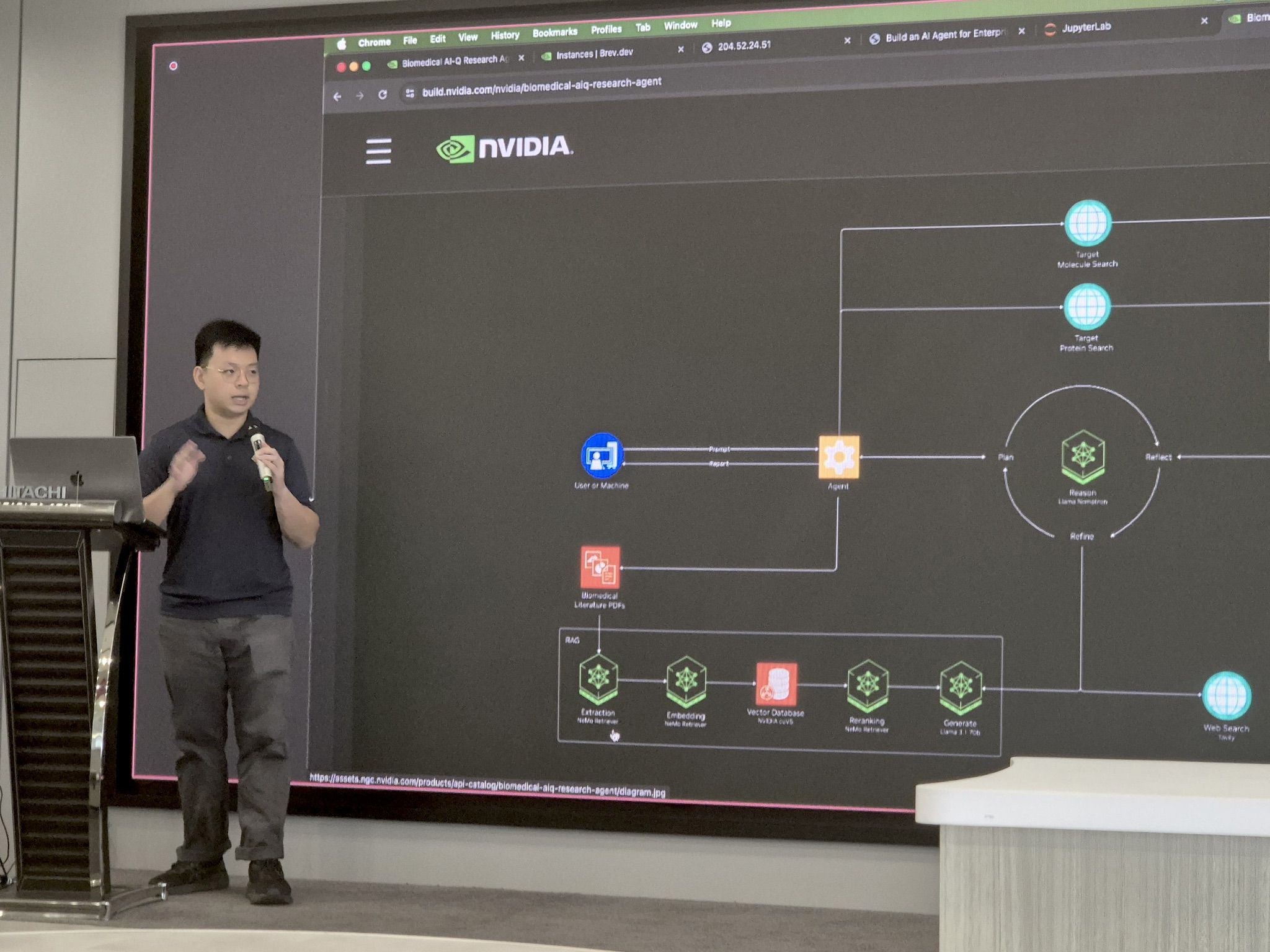 Timothy Liu presenting the NVIDIA AI-Q Research Agent at a Hitachi Asia event