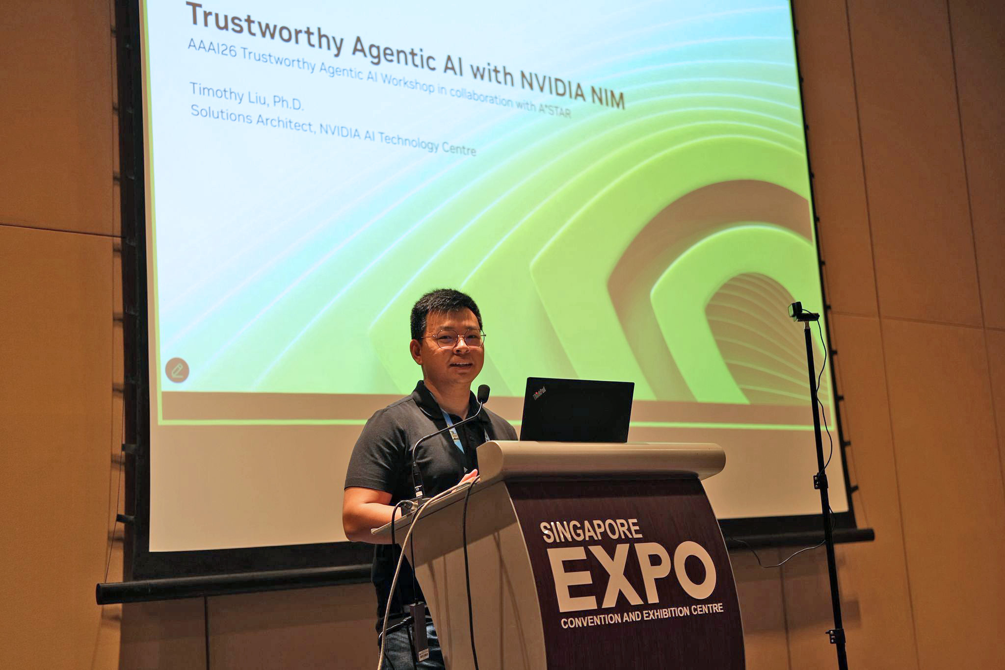 Timothy Liu delivering an invited talk on Trustworthy Agentic AI with NVIDIA NIM at the AAAI 2026 workshop at Singapore EXPO