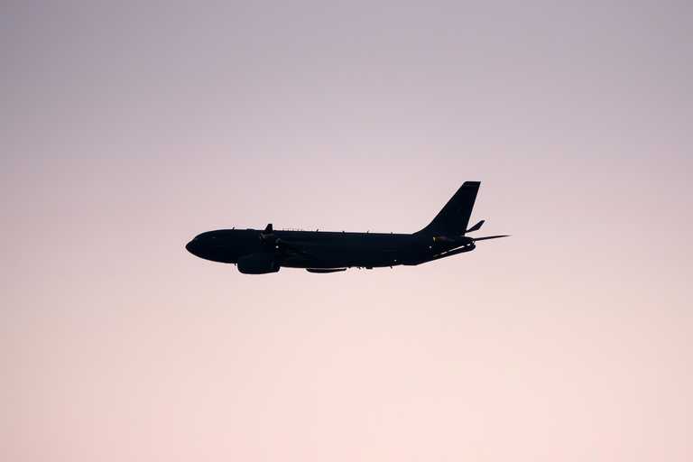 RSAF A330 MRTT banking after take-off at sunset
