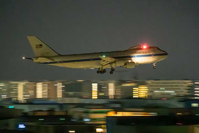 E-4B landing in Singapore at night